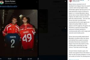 记者：阿兹努发布和阿什拉夫合照遭网暴，他亲自询问穆西亚拉伤情